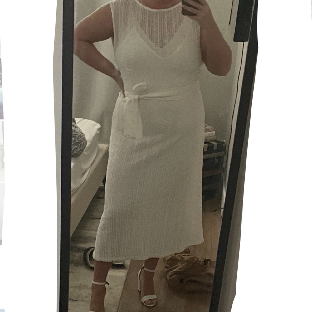 Crocheted Maxi Dress with V Neck Dress Lining and Gathered Sides